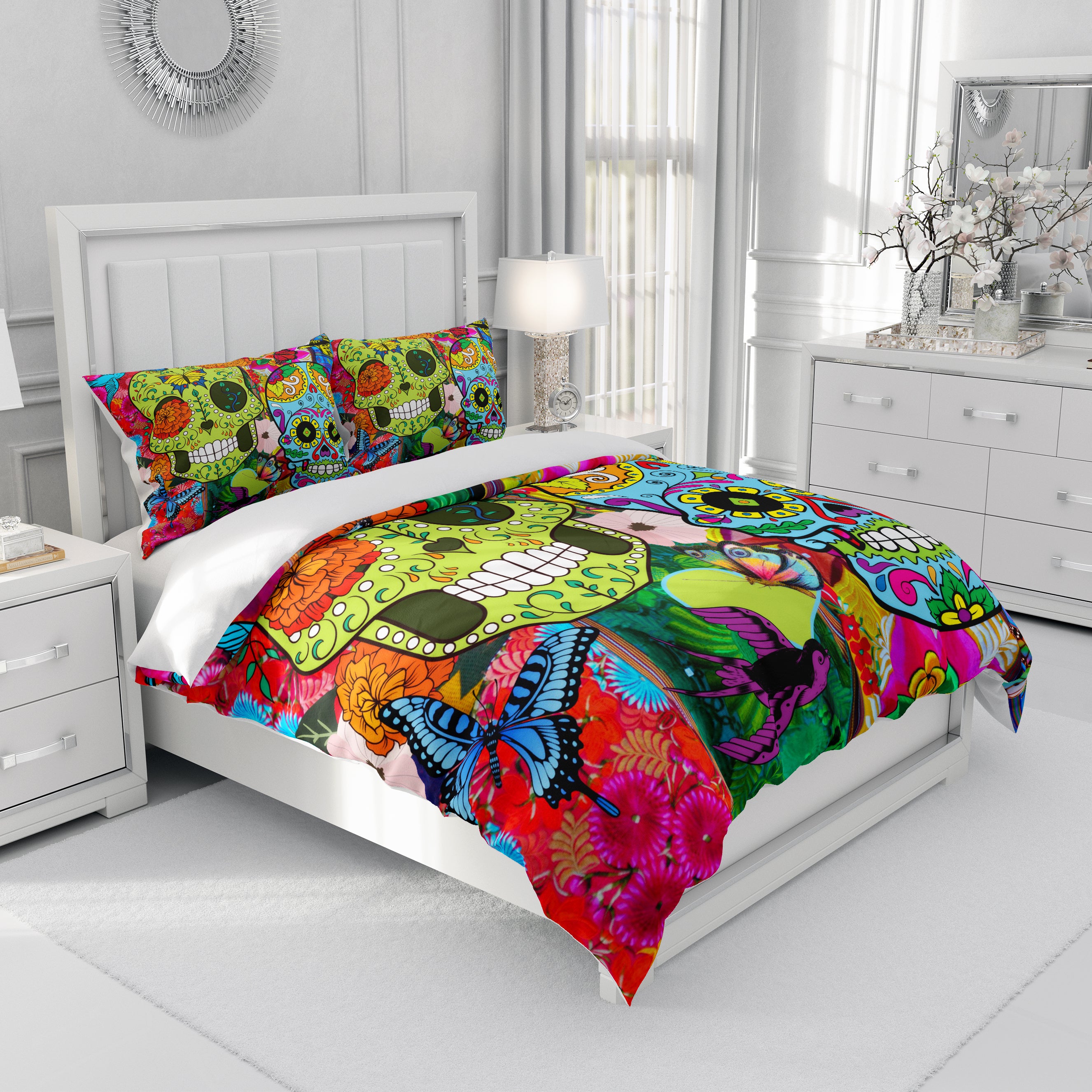 Color Crazy Happy Sugar Skull Comforter Duvet Cover Bedding Set
