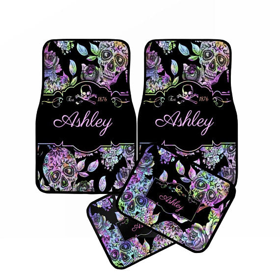 Personalized Monogram Black Pink Chrome Sugar Skull Car Floor