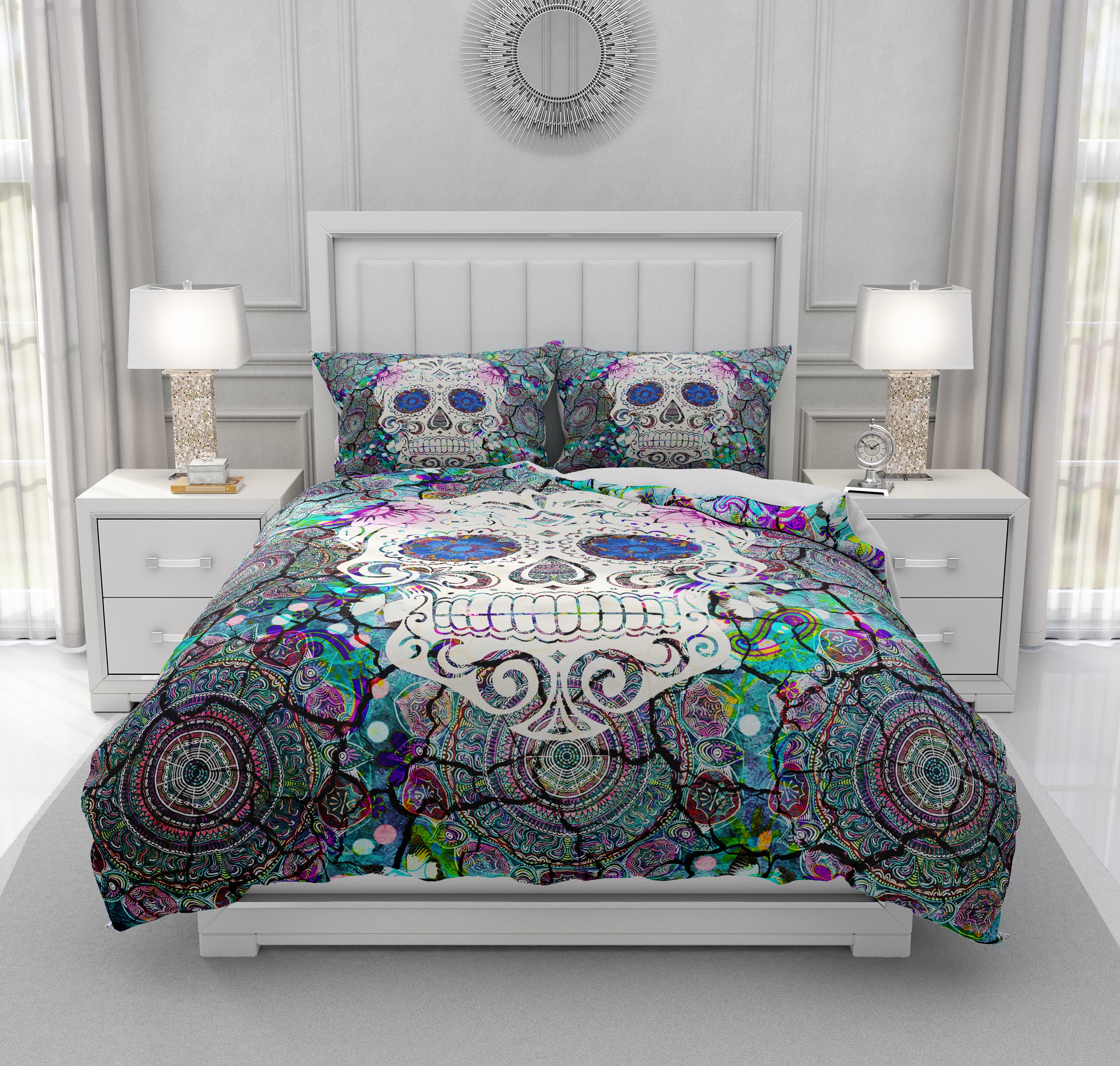 Boho Crackled Mosaic Sugar Skull Comforter Duvet Cover Bedding