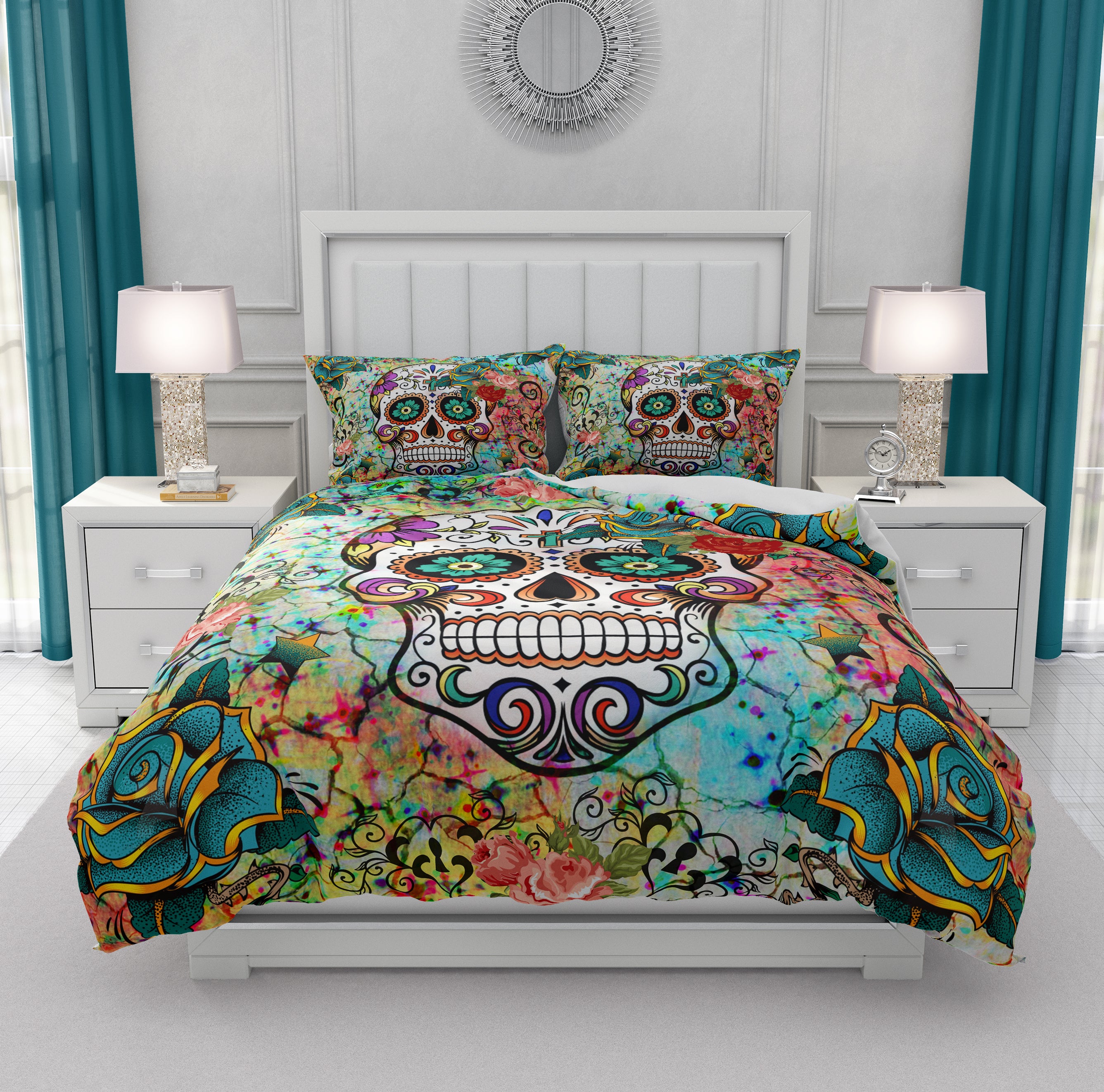 Teal Orange And Blue Abstract Sugar Skull Bedding Folk N Funky