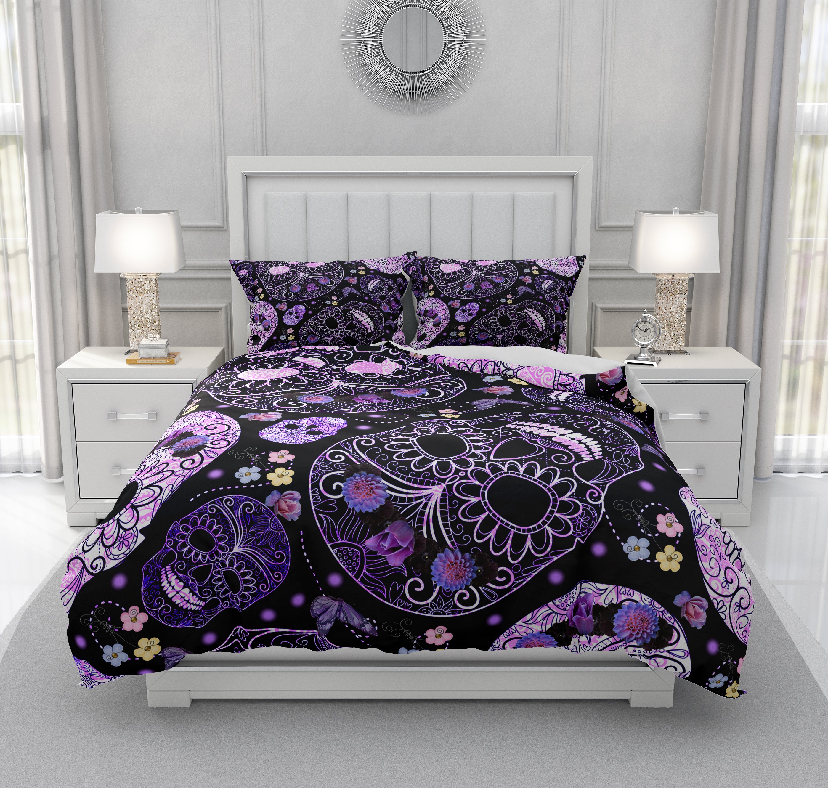 Black Purple Floral Sugar Skull Comforter Duvet Cover Bedding