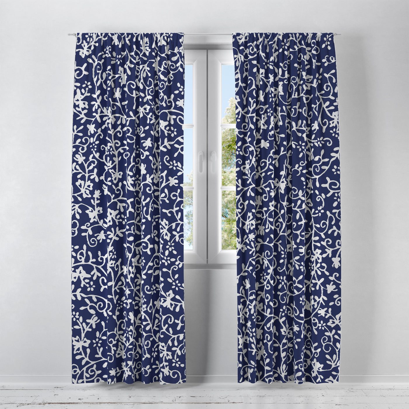 Navy Blue White Vines Window Treatments