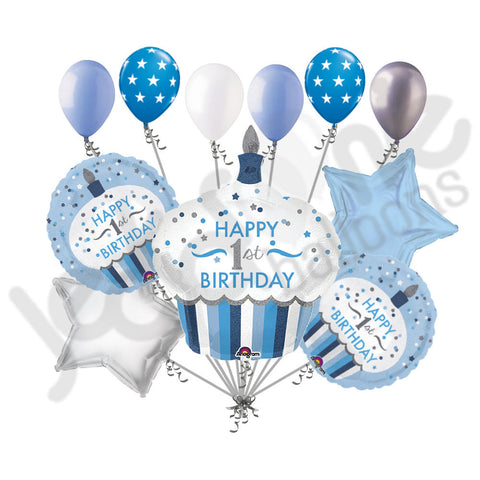 Blue Silver Cupcake 1st Birthday Boy Balloon Bouquet Jeckaroonie