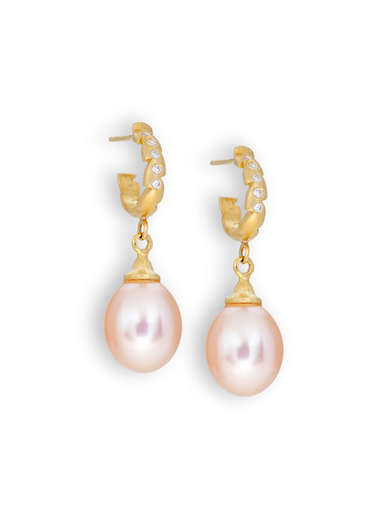 Blush Pink Pearl & Delicate Diamond Hoop Earrings