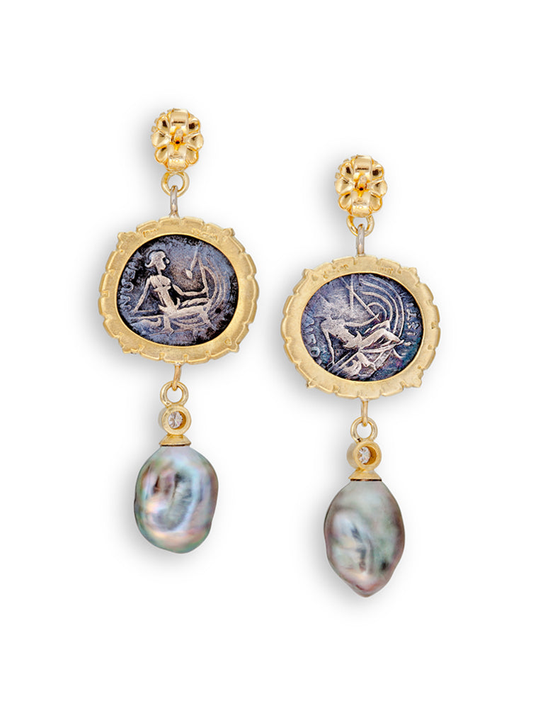 Head of Nymph Histiaia Greek Coins & Tahitian Pearl Earrings - Jane Bohan