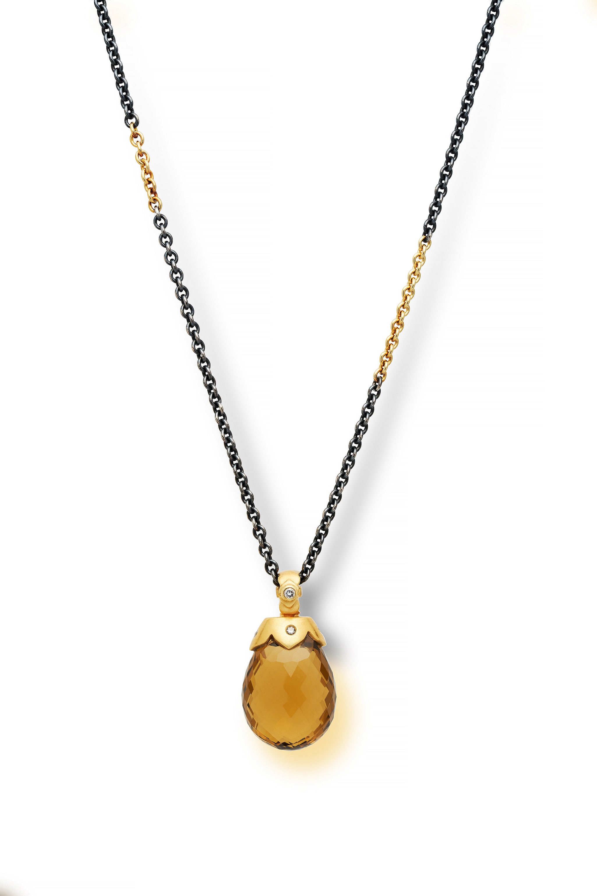 Cognac Quartz, 18K Gold and Diamond Enhancer Pendant