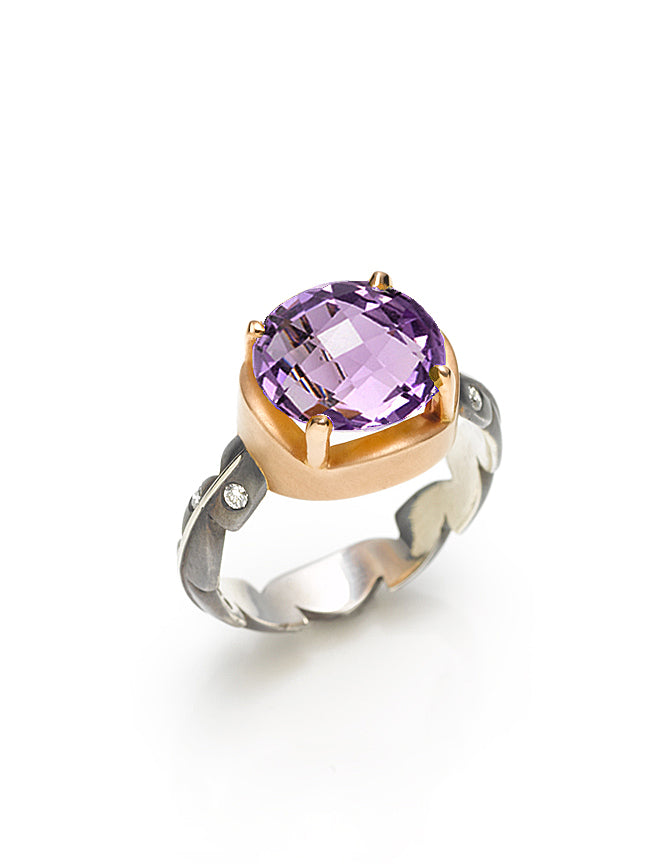 Rose Gold, Amethyst & Diamond Sweet Fern Ring