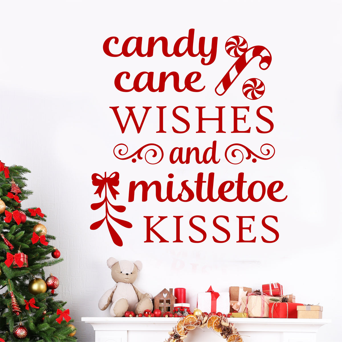 Christmas Wall Decal Candy Cane Wishes Mistletoe Kisses ...