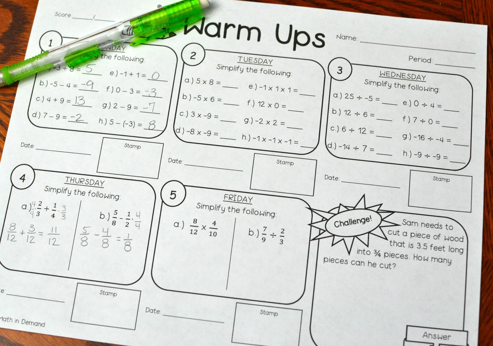 7th Grade Math Warm Up Worksheet