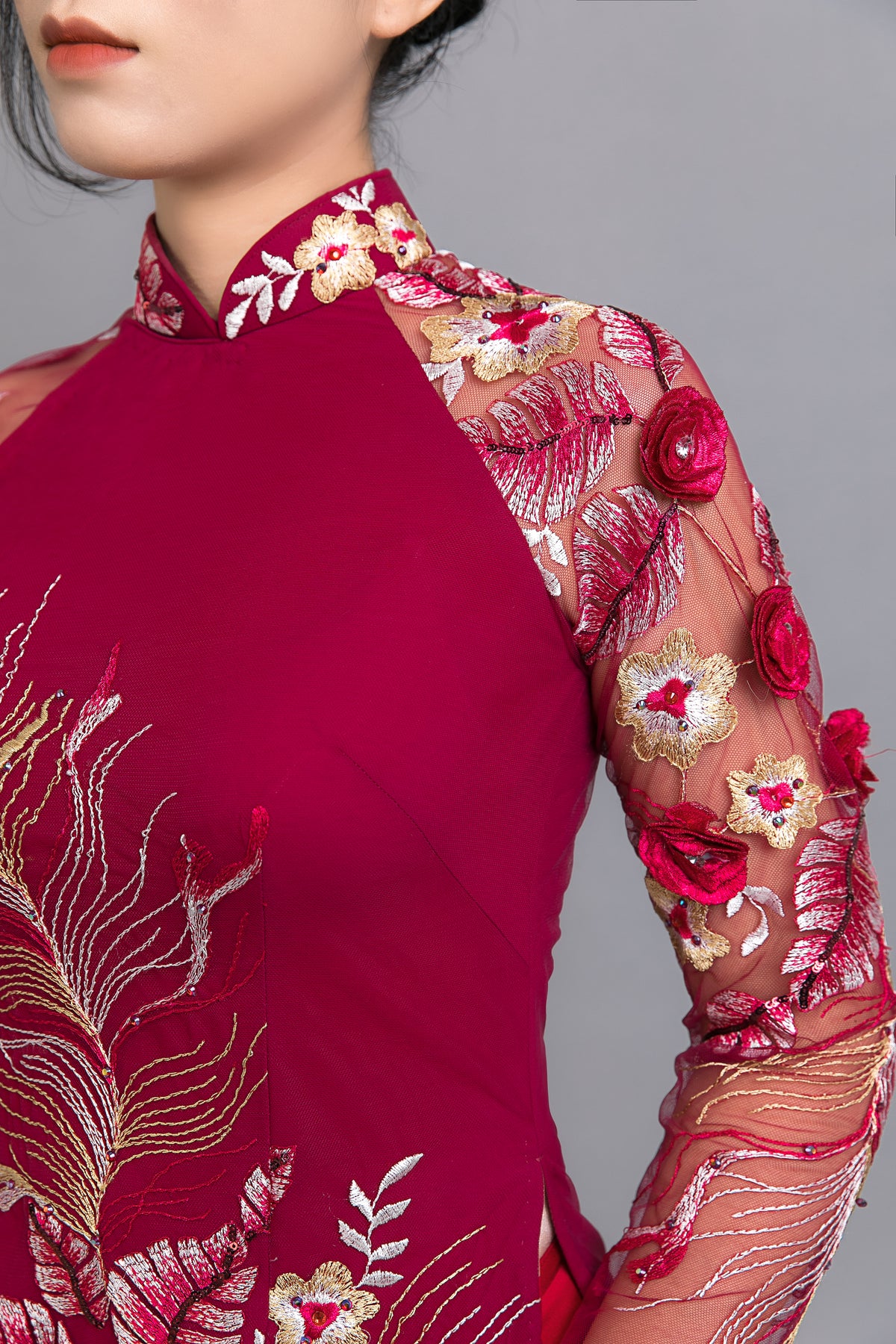 Custom Ao Dai. Multicolored lace in peacock feather motif over burgund ...