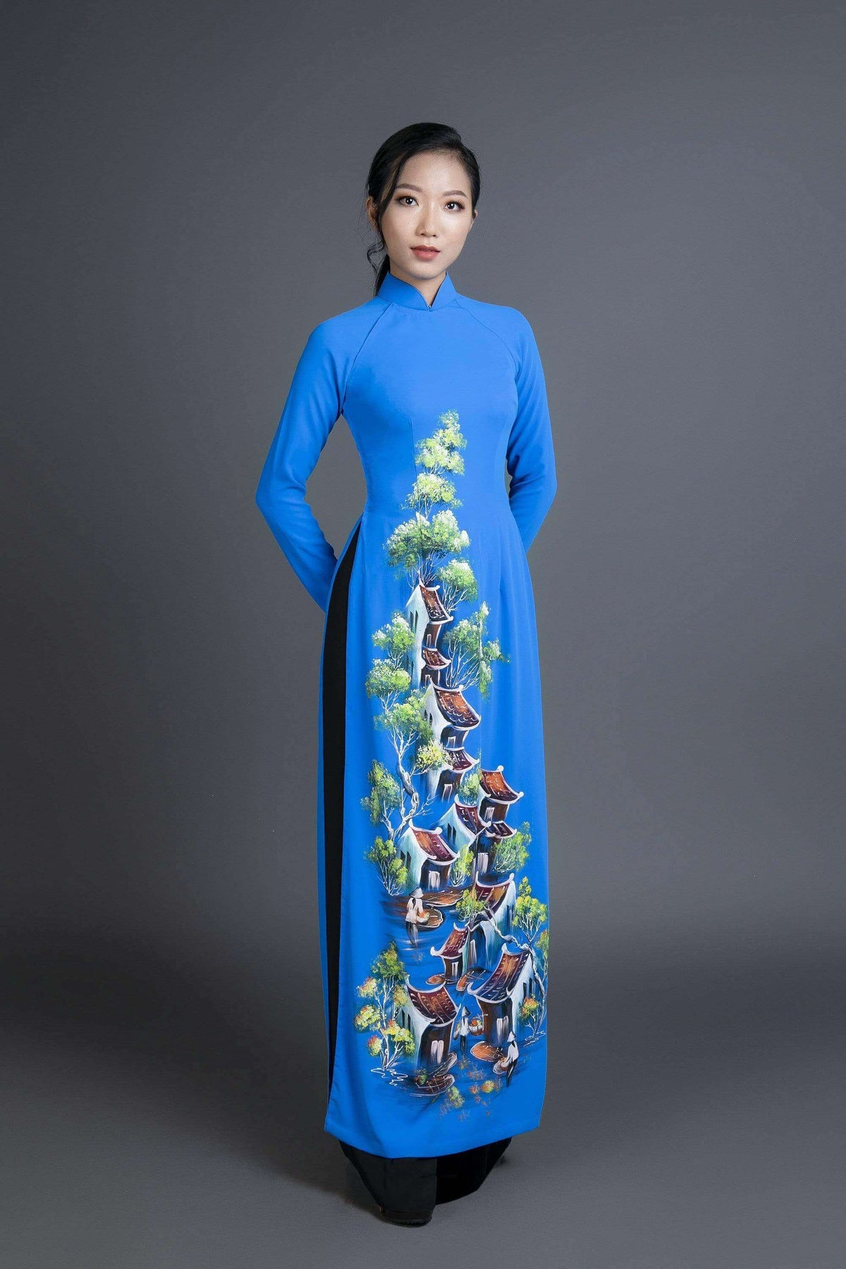 Ao Dai Vietnam Traditional Dress In Hand Painted Blue Silk Markandvy Ao Dai