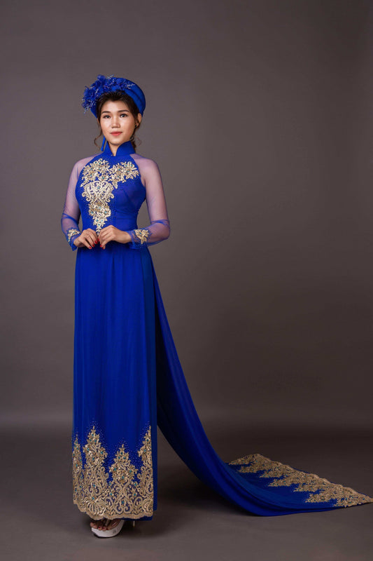 Black, Navy Blue, Red, or Royal Blue Ao Dai Hand Painted