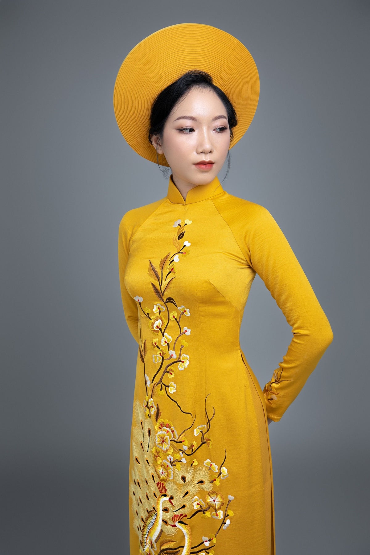 Custom Made Vietnamese Ao Dai Dress In Yellow With Embroidered Peacoc