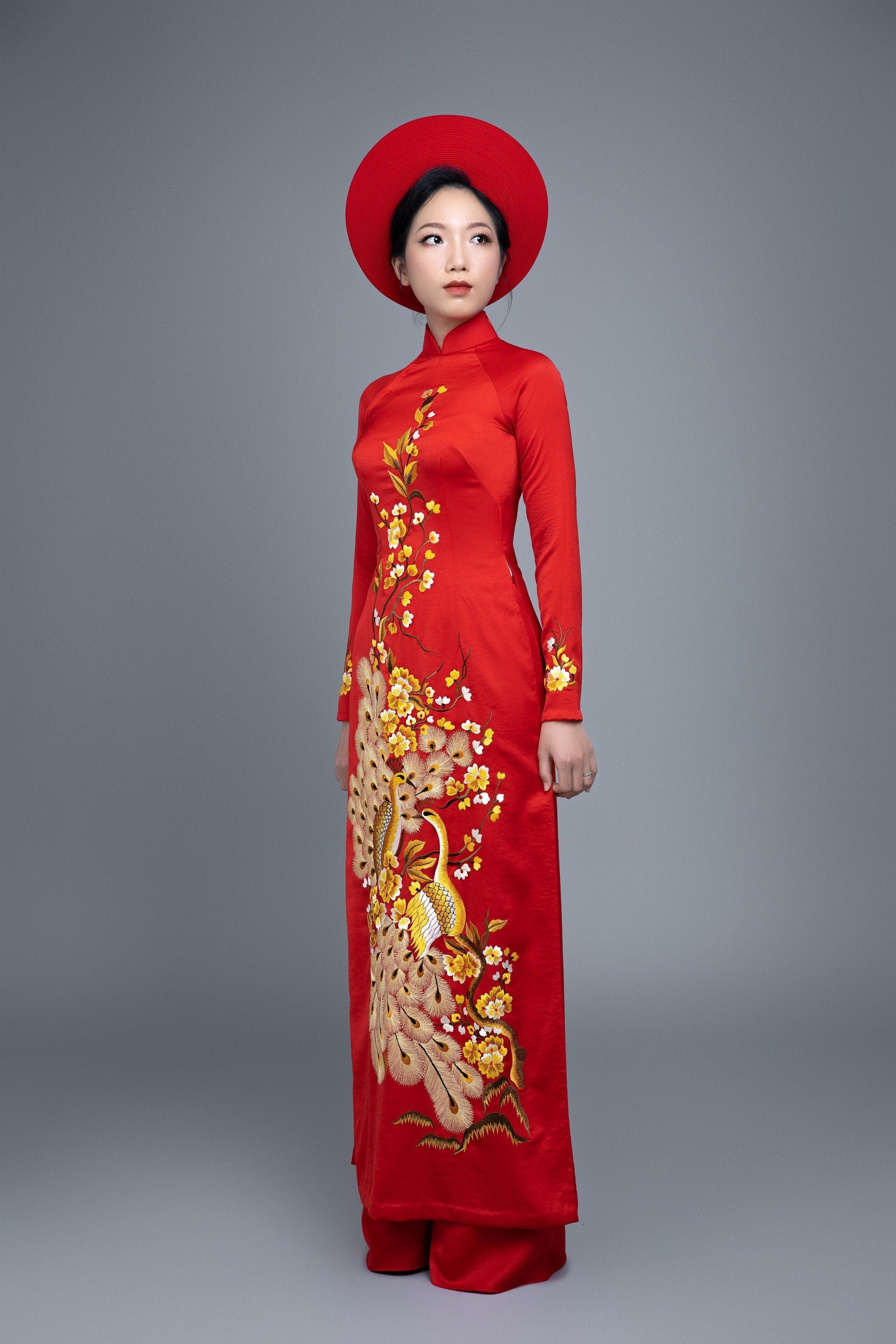 Custom Made Vietnamese Ao Dai Dress In Red With Embroidered Peacock