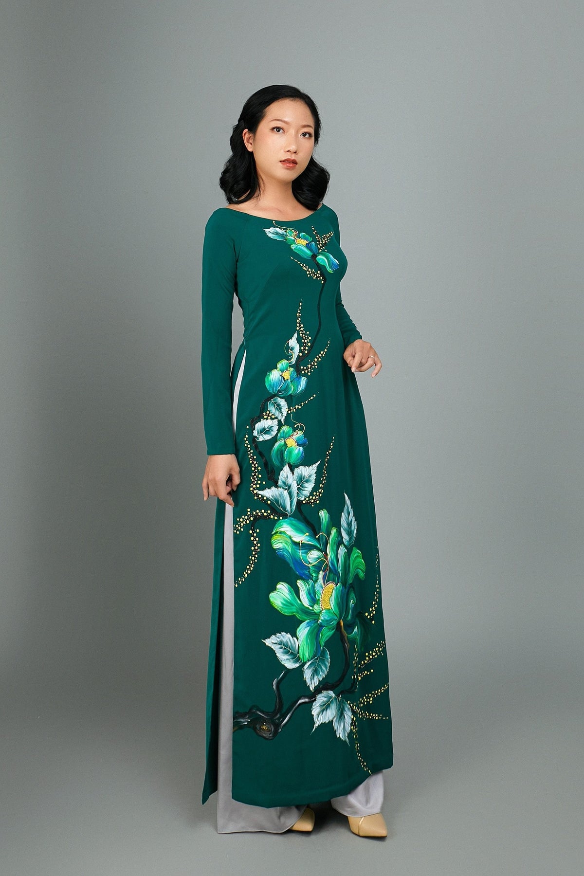 Custom Ao Dai. Hand-painted floral motif on green silk - Mark&Vy Ao Dai