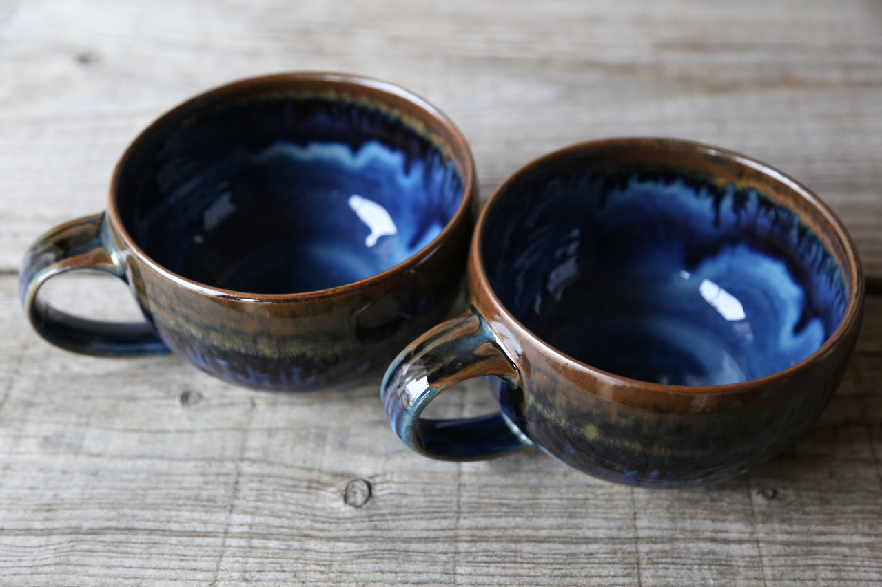 Pair of soup mugs in deep blue glaze