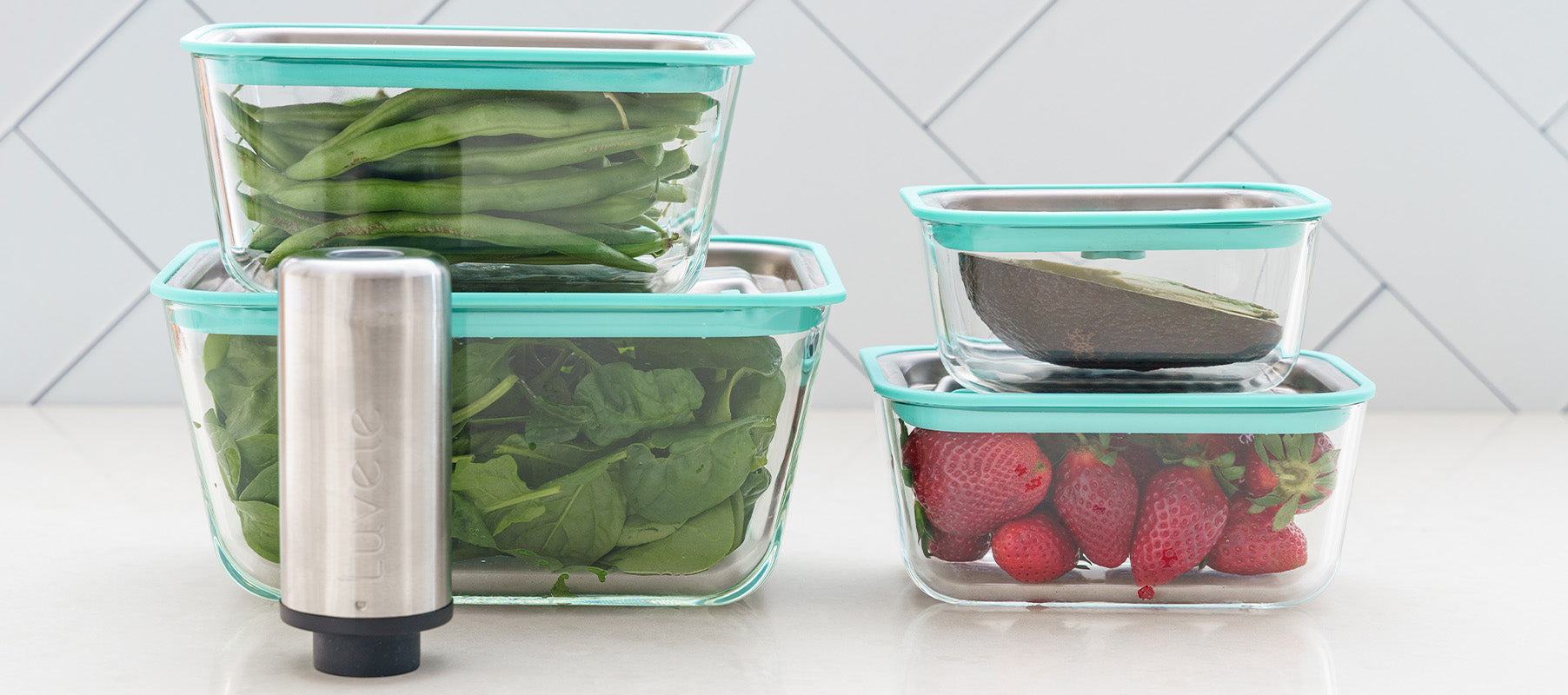 LUVELE GLASS VACUUM FOOD CONTAINER FOUR PIECE SET MEAL PREP