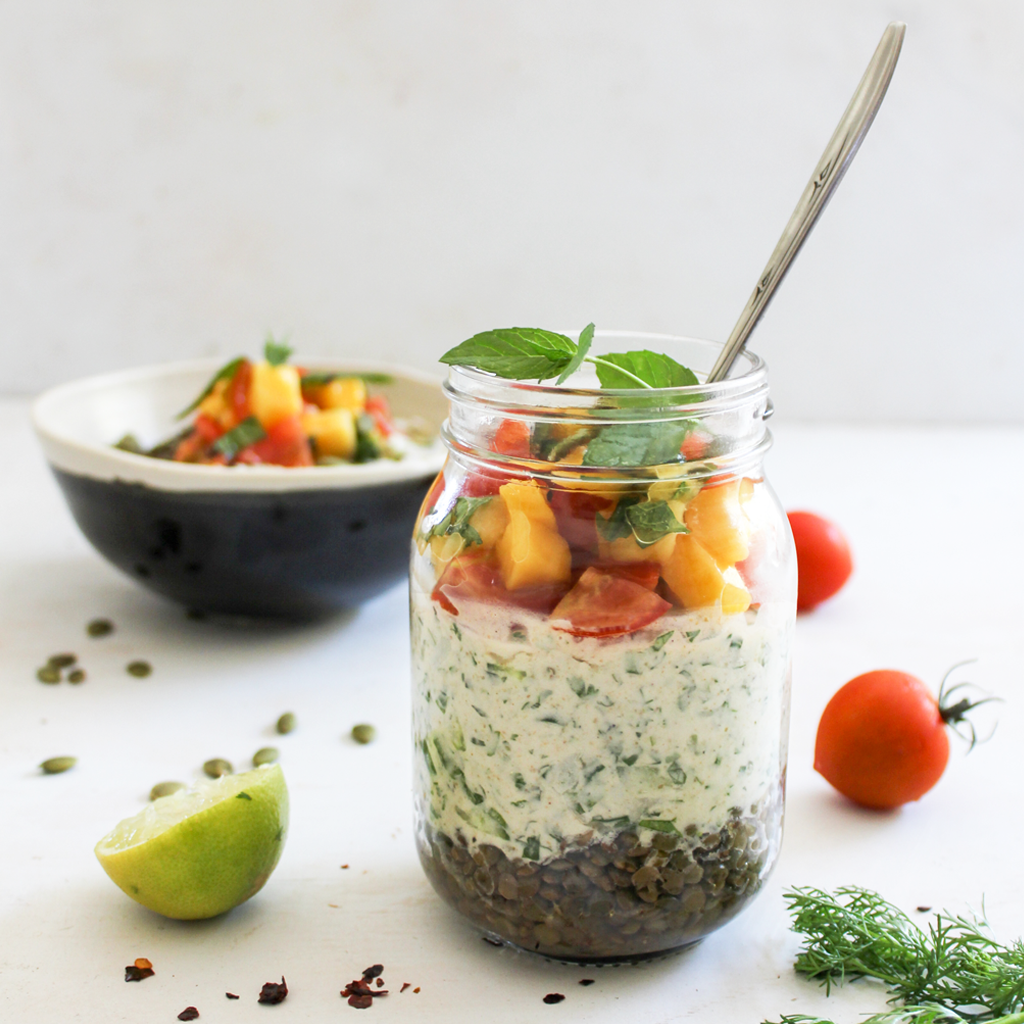 yogurt raita lentil lunch bowl with mango salsa