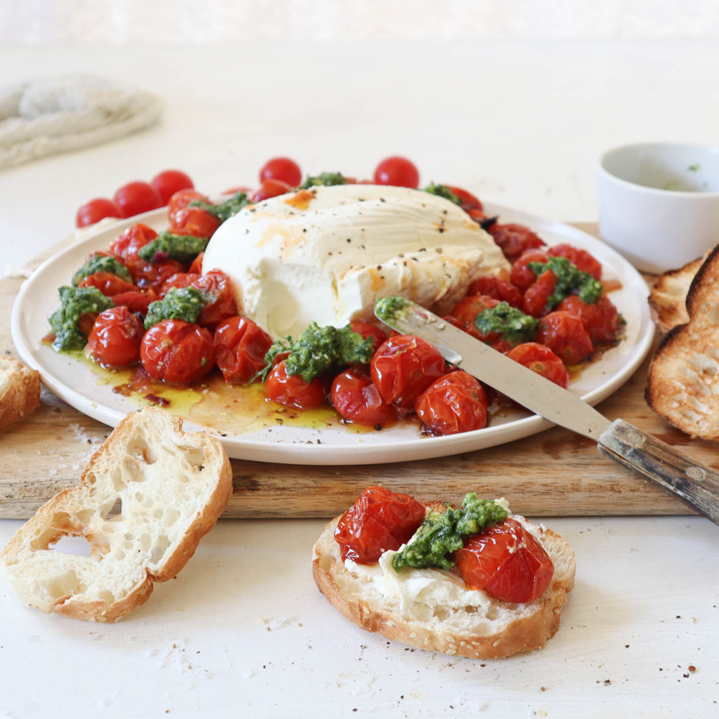 Labneh with roast cherry tomatoes and pesto