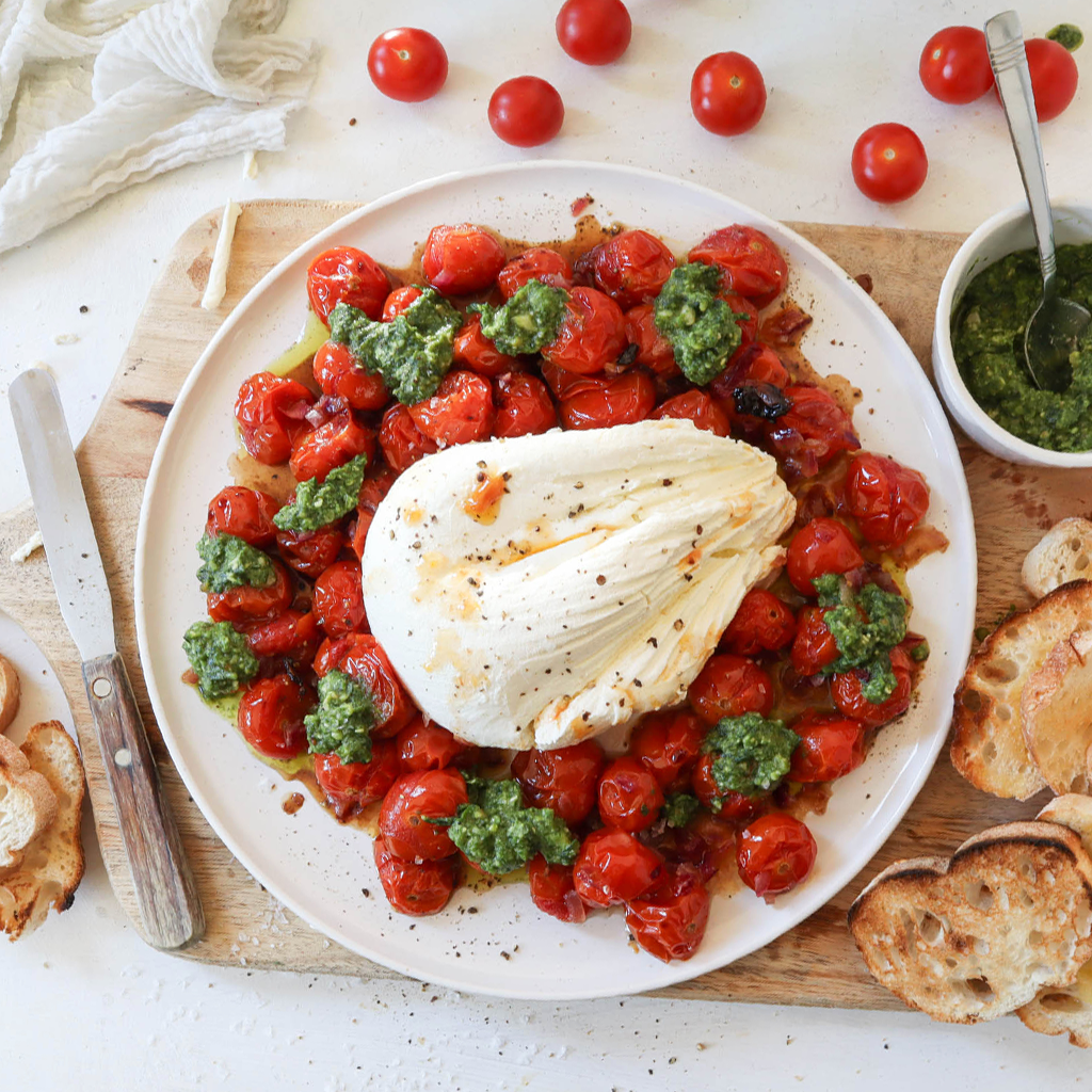 Labneh with roast cherry tomatoes and pesto