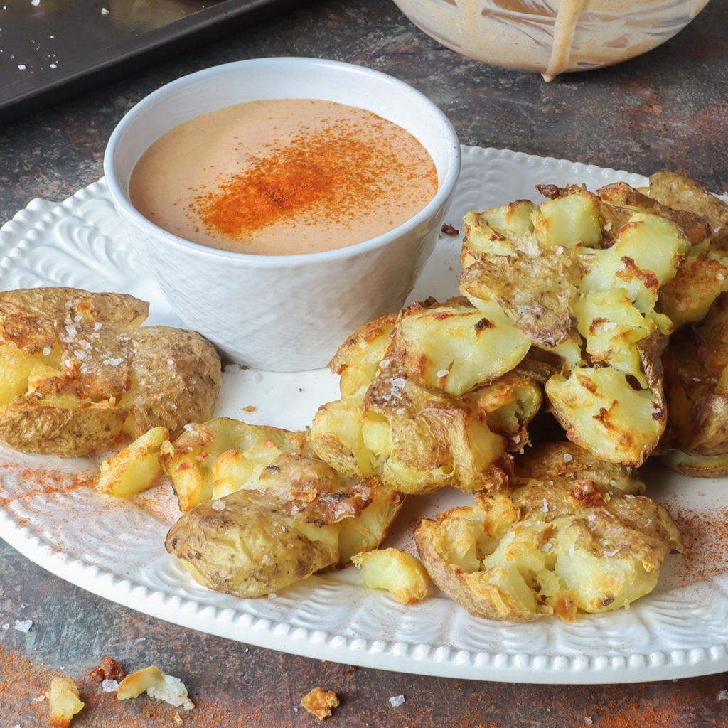 smashed potatoes with spicy yogurt sauce