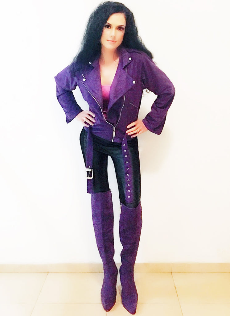 purple boots outfit