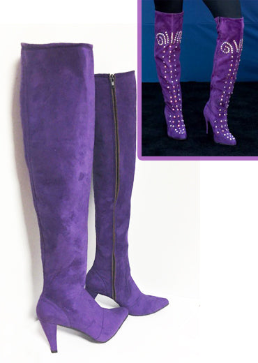 purple leather thigh high boots