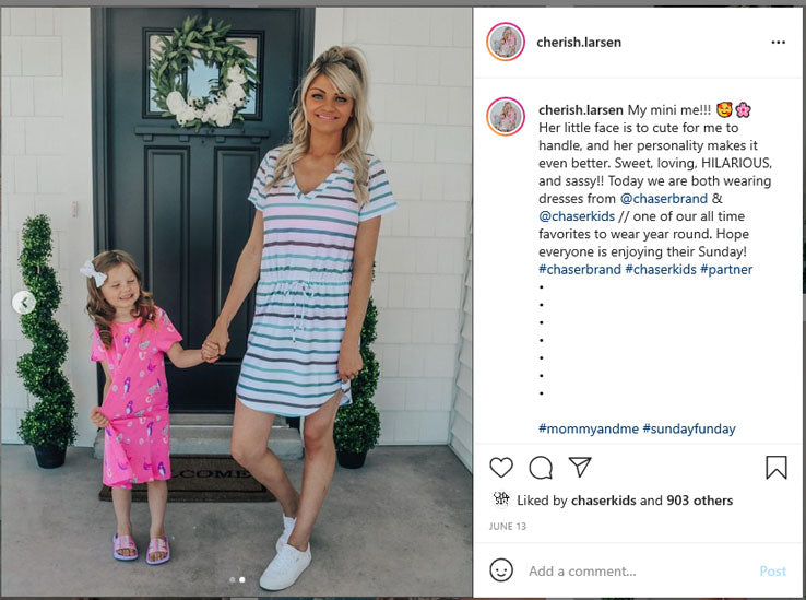 Utah blogger Cherish Larsen in Mommie & Me Chaser look with daughter on Instagram