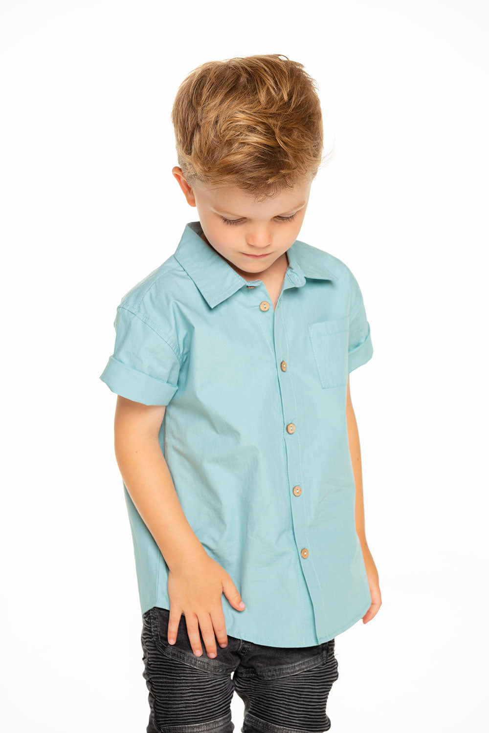 Boys Cotton Poplin Short Sleeve Button Down Shirt In Aloe Green Chaserbrand Com