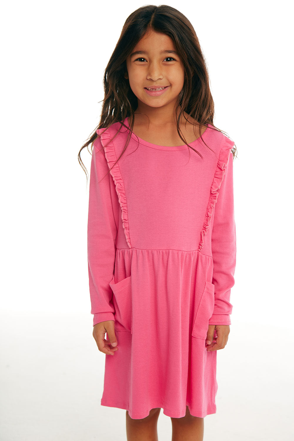 pink long sleeve ruffle dress