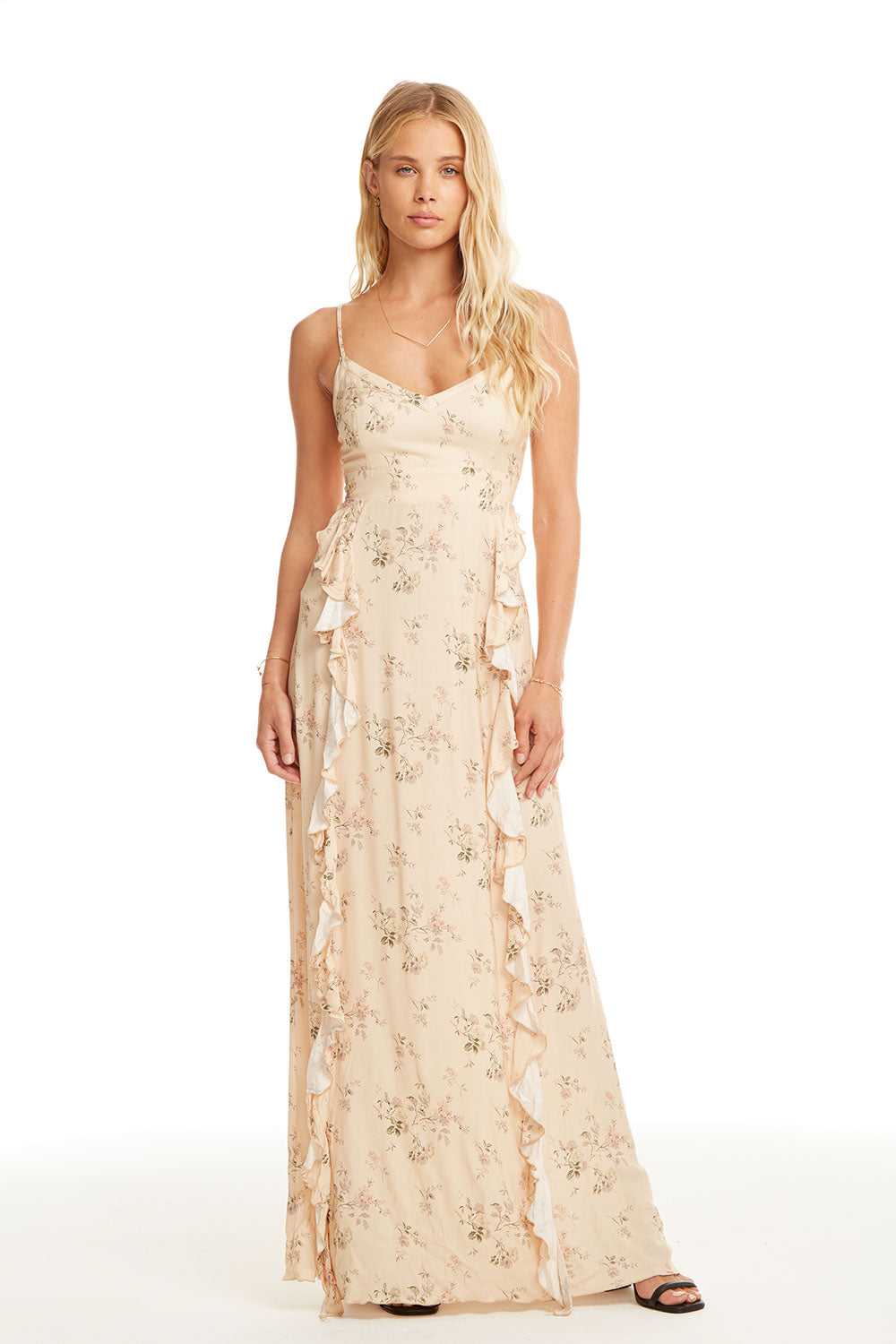 venus lace up ruffle maxi dress