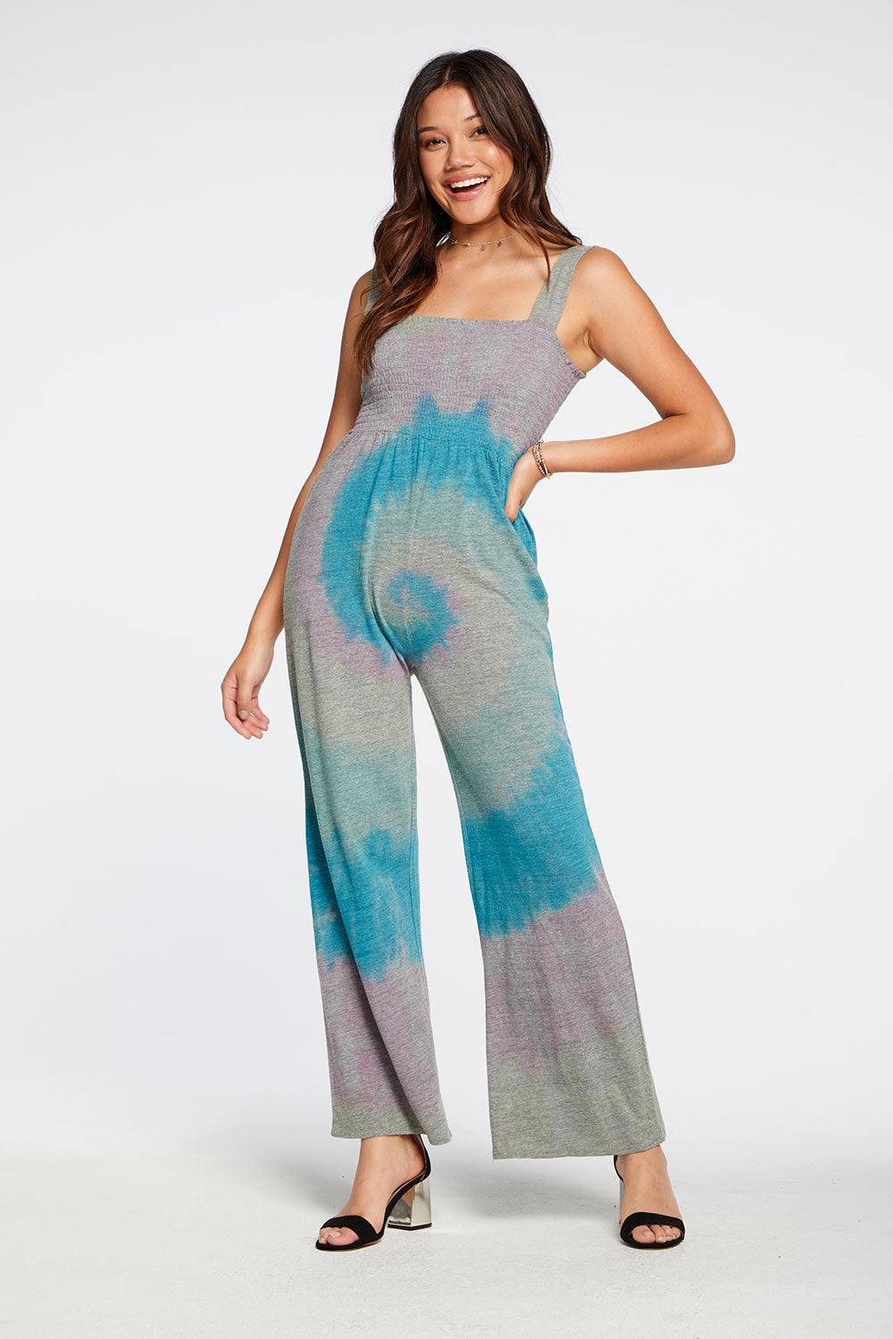 Triblend Jersey Wide Leg Smocked Cami Jumpsuit in Tie Dye | chaserbrand.com