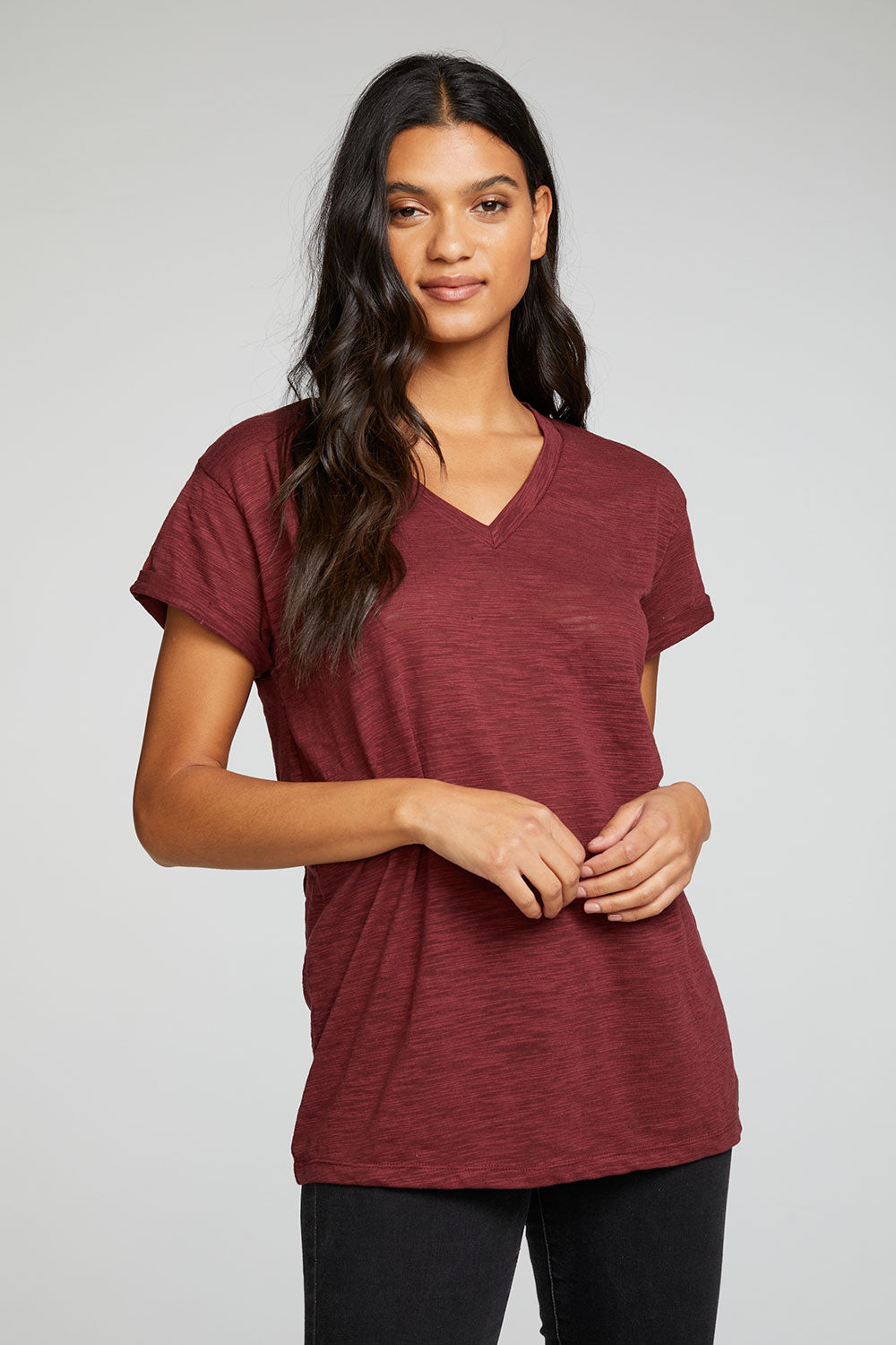 Slub Jersey Roll Sleeve V Neck Tee