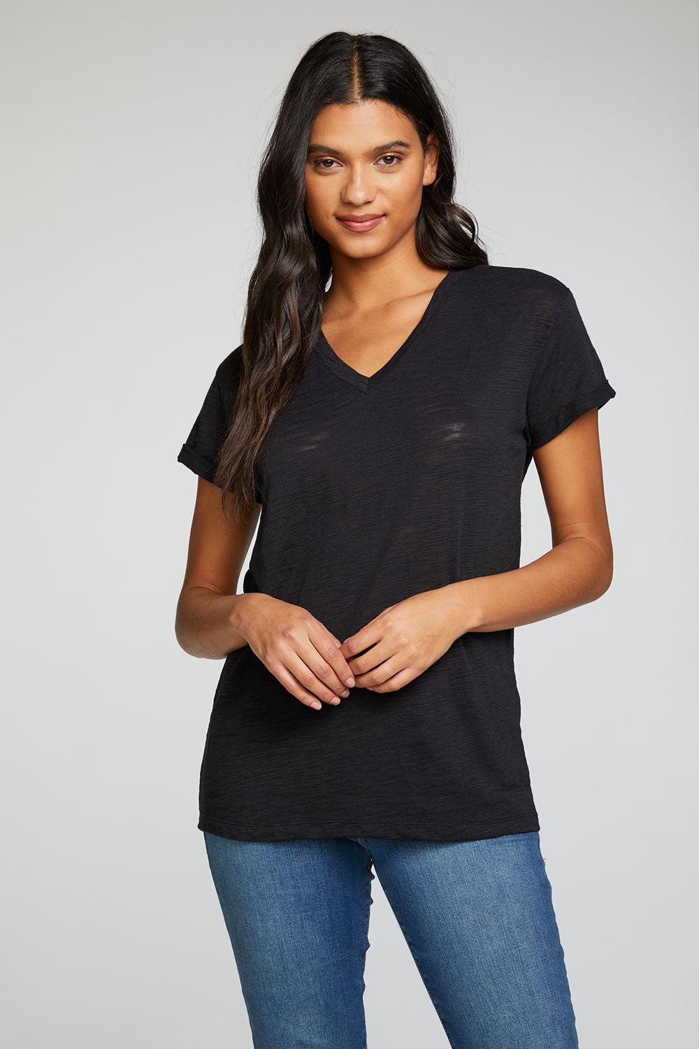 Slub Jersey Roll Sleeve V Neck Tee