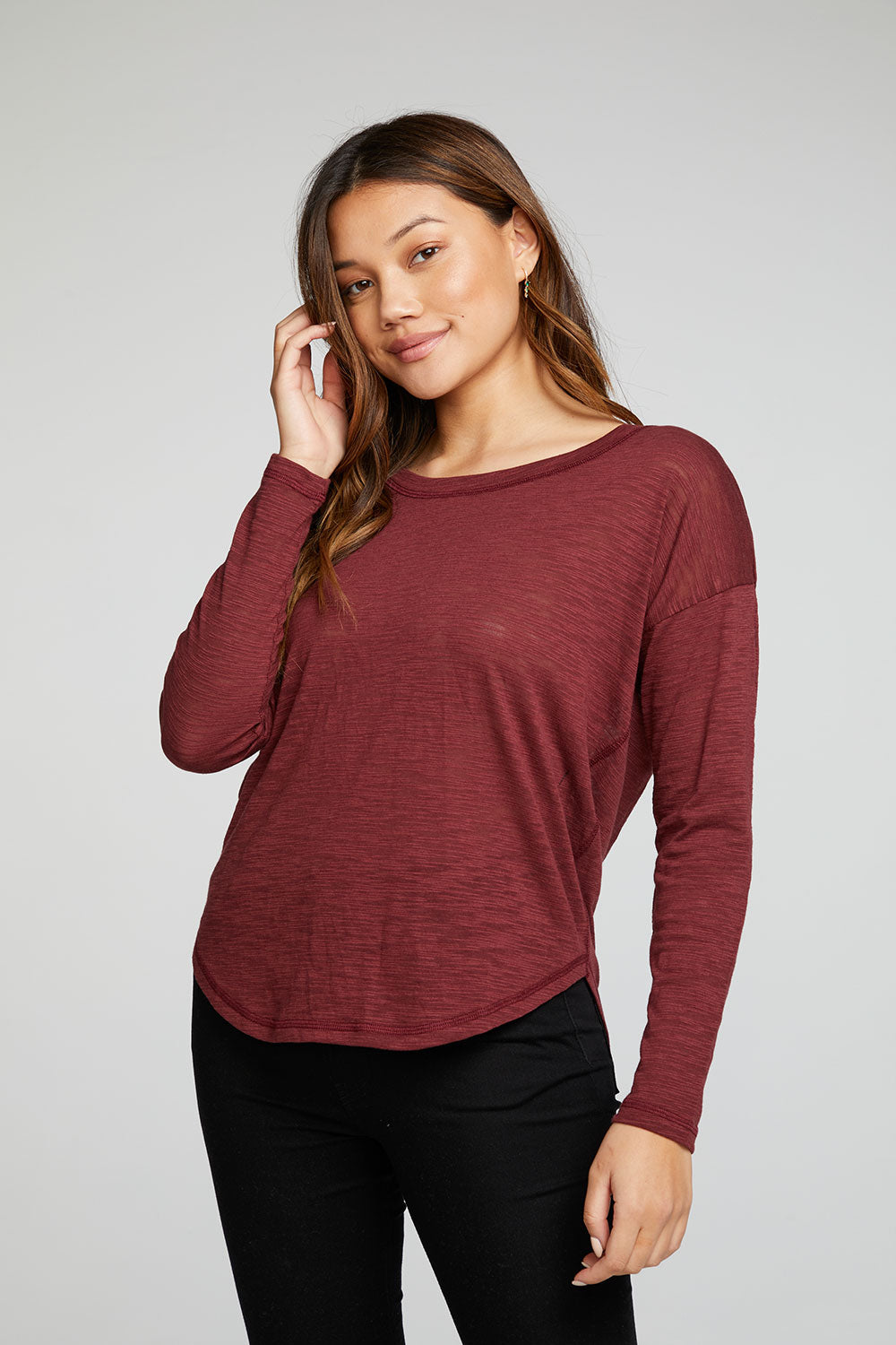 Slub Jersey Long Sleeve Drop Shoulder Hi Lo Shirttail Tee