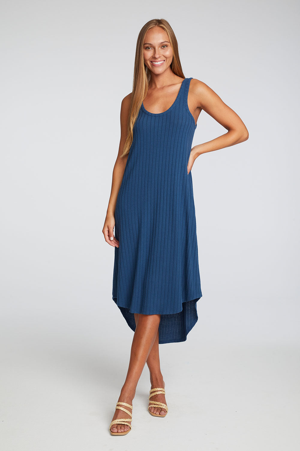 CHASER BRAND - RECYCLED VINTAGE RIB MIDI DRESS WITH SHIRRING AND