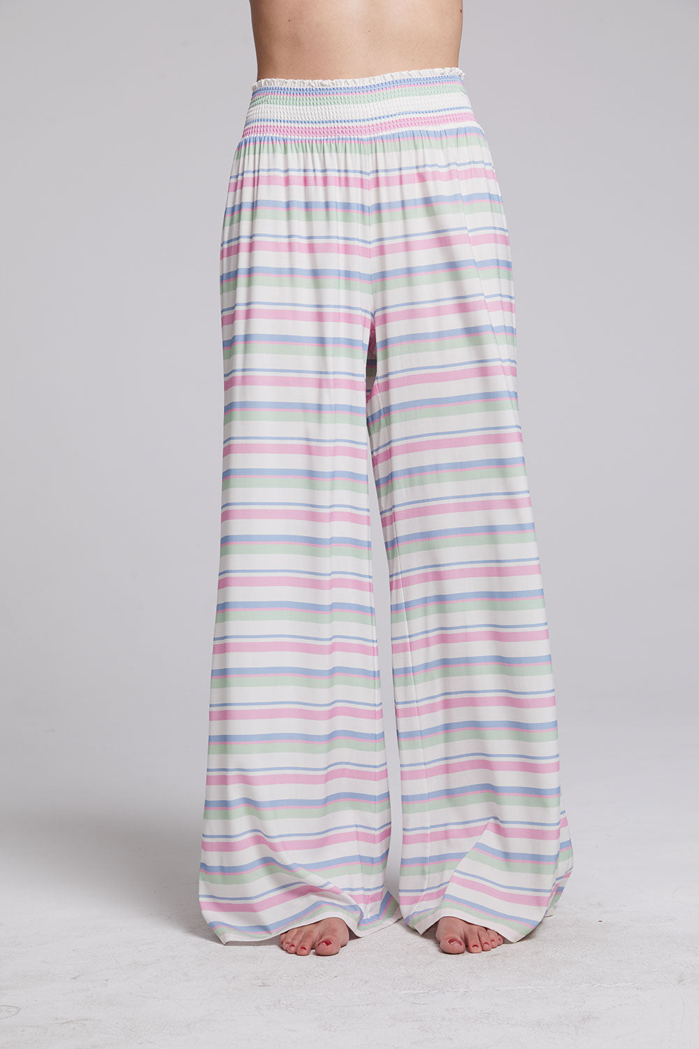 Quaclo Light Grey and Pink White Women Stripe Trouser Pants Combo