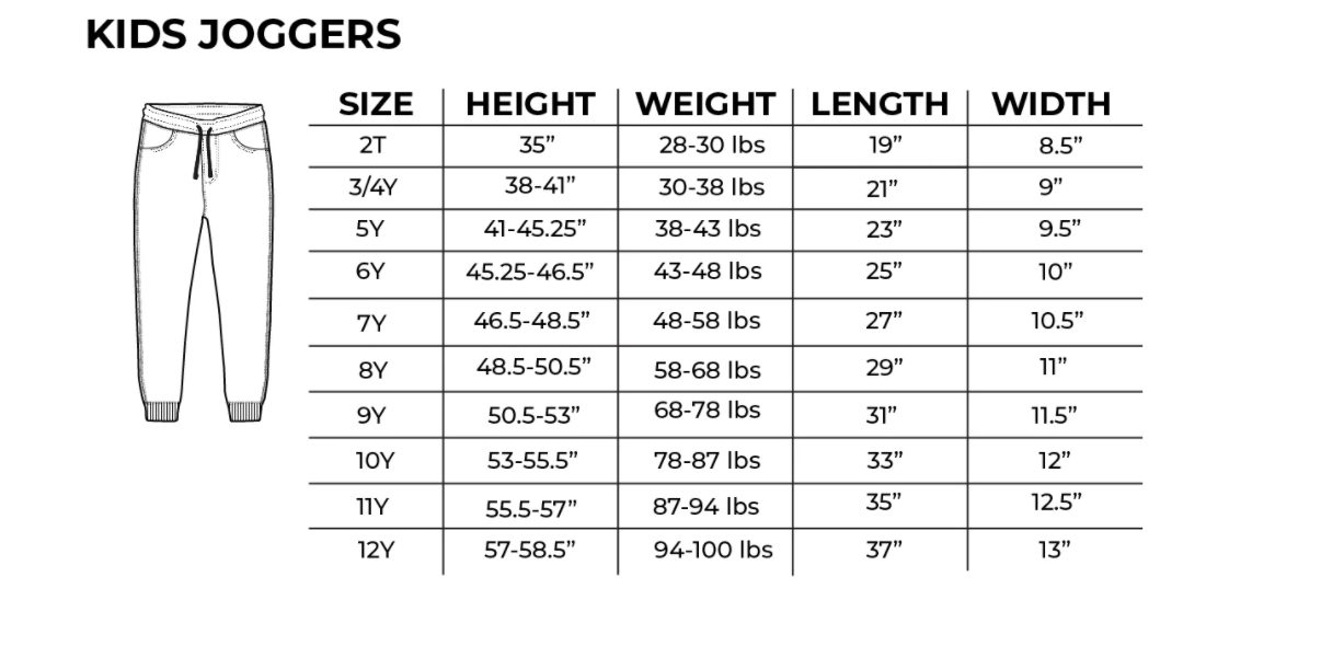 Kids Joggers Size Chart