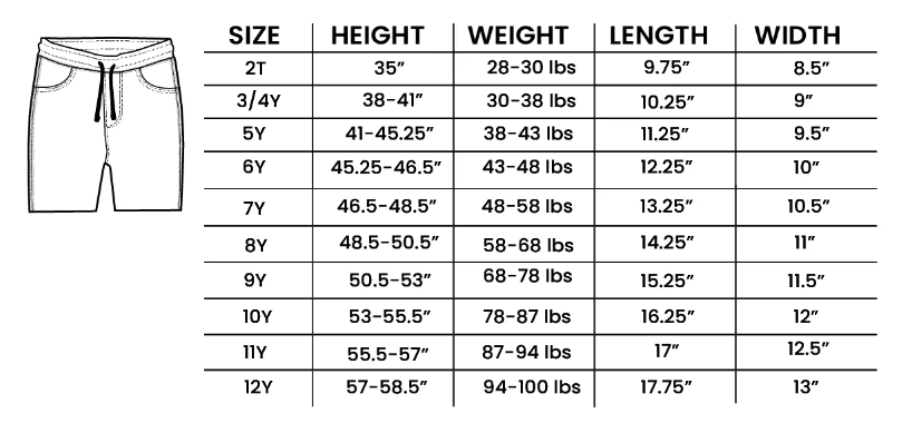 Kids Shorts Size Chart