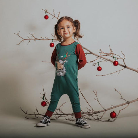 Christmas kids romper for boys and girls with reindeer graphic