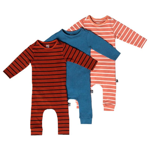 Cute striped gender neutral baby rompers in blue, coral, and red.