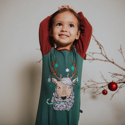red and green long sleeve baby girl or boy romper with reindeer graphic