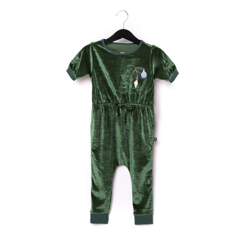green velvet baby girl romper with embroidered christmas ornaments