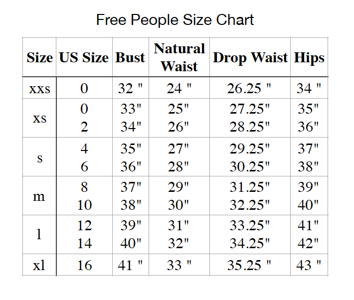 Free People Bralette Size Chart