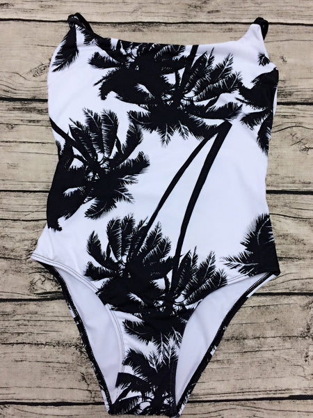 Black Coconut Tree Lace Up Back One-piece Swimsuit – MYNYstyle