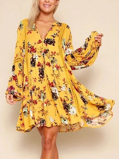 Yellow Floral V-neck Lace Panel Blouson Sleeves Mini Dress – MYNYstyle
