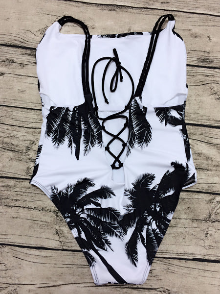 Black Coconut Tree Lace Up Back One-piece Swimsuit – MYNYstyle