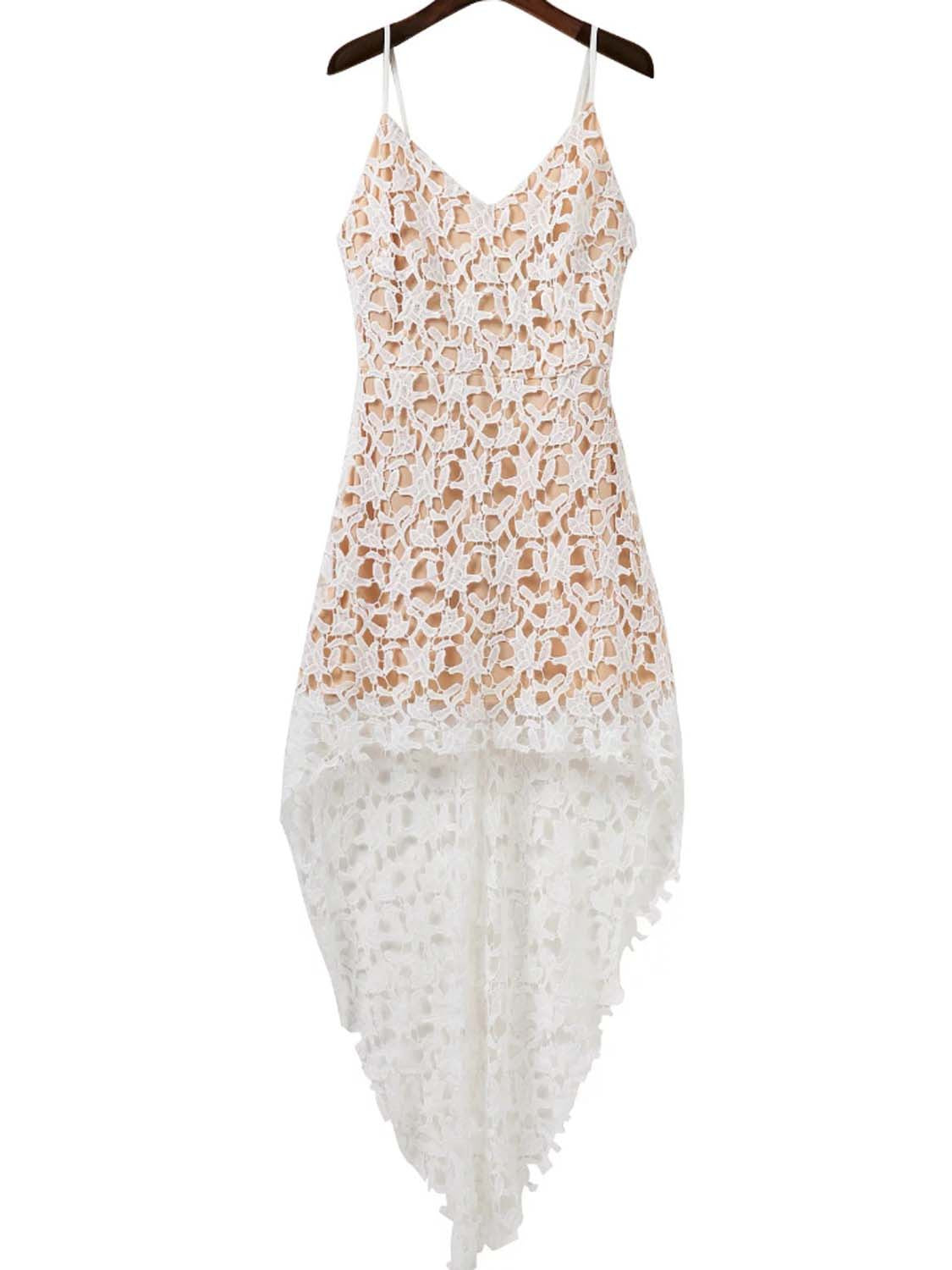 White V-neck Dipped Hem Spaghetti Straps Cami Lace Dress – MYNYstyle