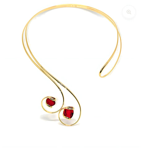 gold necklace with red Swarovski crystals