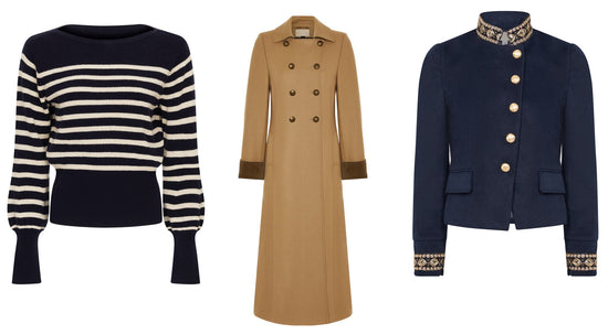 Breton jumper, camel trench coat, navy military style blazer